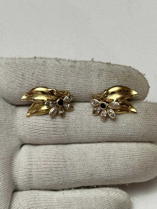 CERCEI AUR 14K + 2 Safire - Model Floare - Grecia - 4.9g. - Vintage !