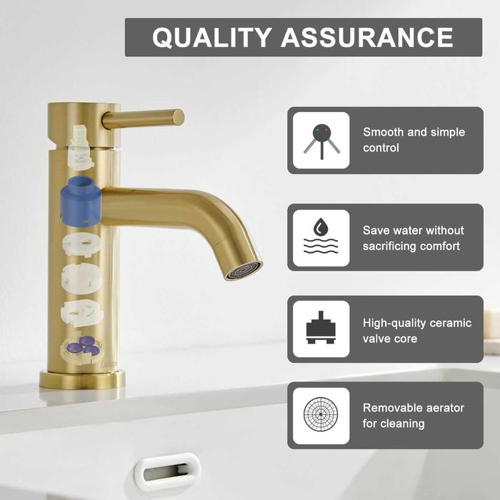 Baterie de lavoar cu miez de valvă ceramică silențioasă auriu