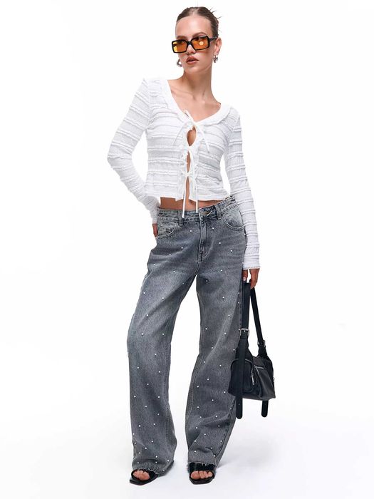 Дамски дънки с широки крачоли и перли 34-42