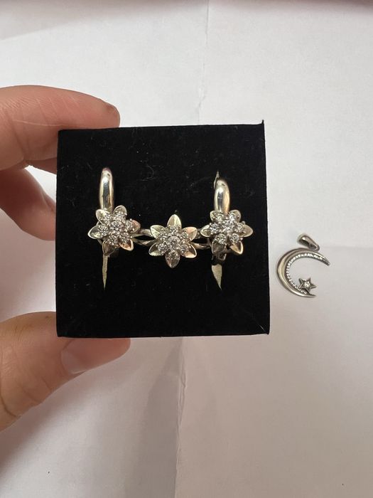 Yangi kumush uzuk va zirak + yarim oy kulon