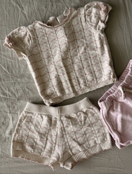 Set bebe 3 piese 3-6 luni (68 cm) – pulover tricot + pantaloni + pantaloni scurți, bumbac & bambus