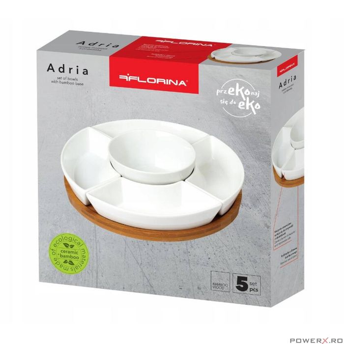 Set boluri pentru servire, din portelan, cu suport din bambus, 5