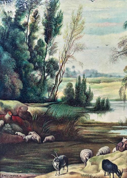 Tablou vechi - cioban cu oi si capre - semnat Callaert A