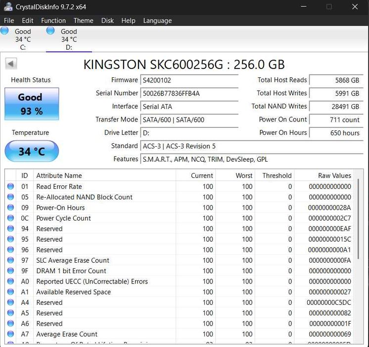 SSD Kingston KC600 256GB SATA III – 93% Health – Testat Complet – 562 MB/s