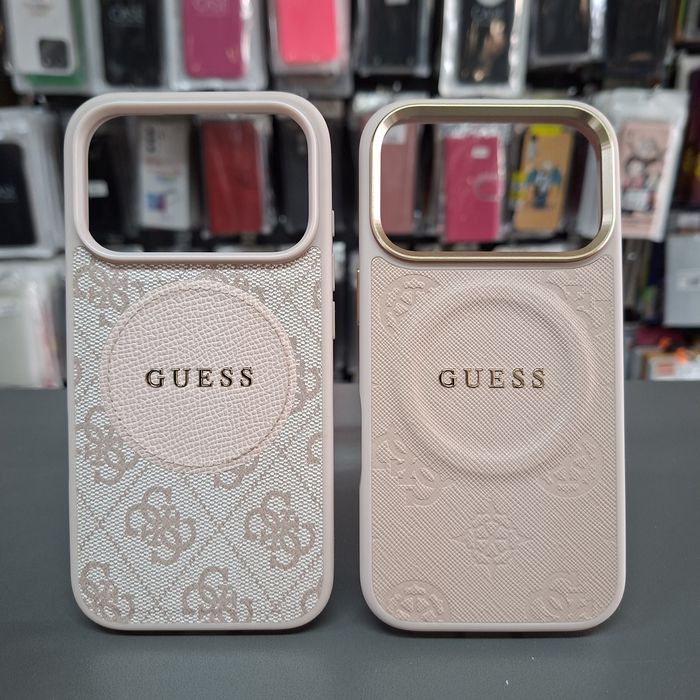 Твърд кейс лого  Guess за iPhone 17 Pro гръб с кожен розов дизайн