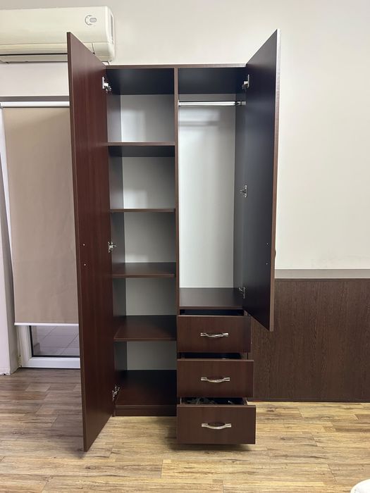Dulap haine aproape nou - 2 uși cu 3 sertare și rafturi – Wenge (80 x 50 x 200 cm)