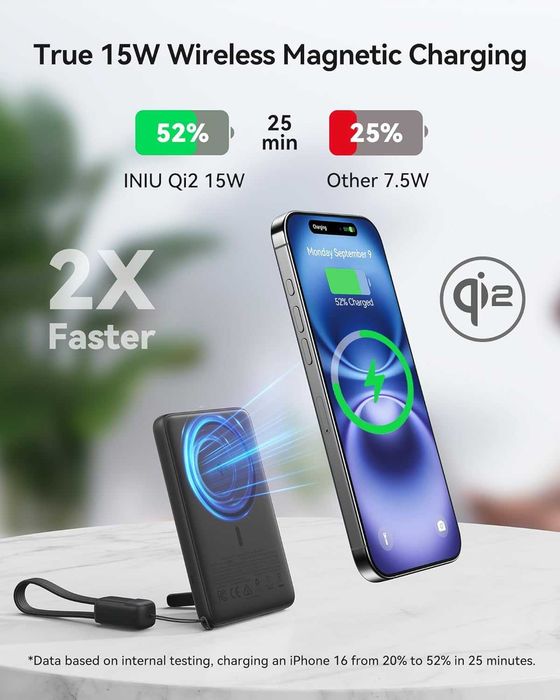 INIU магнитна външна батерия, ултра тънка Qi2 сертифицирана, 5000mAh