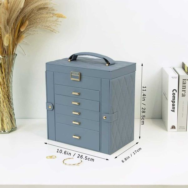 кутия за бижута 6-етажна от естествено дърво, кожа с огледало – XXL