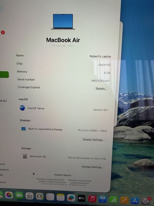 Macbook air 15 , space grey, 256 gb