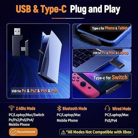 Ozeino 2 ,4 GHz безжични геймърски слушалки за PC, Ps5, Ps4