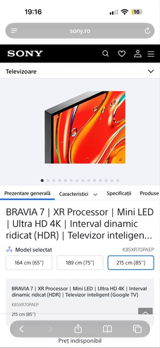 Sony BRAVIA 7 85” Mini LED 4K 120Hz K-85XR70, garanție 2027