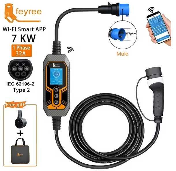 Мобилна Зарядна Станция за Електромобил Feyree Type2 32A 7KW Еднофазен Wi-Fi APP контрол Type2