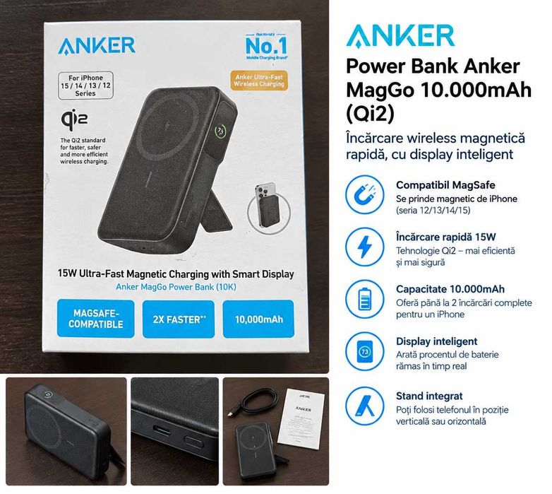 Baterie externa Anker MagGo Power Bank 10K, Qi2 15W, MagSafe, Ecran Smart, Sigilata