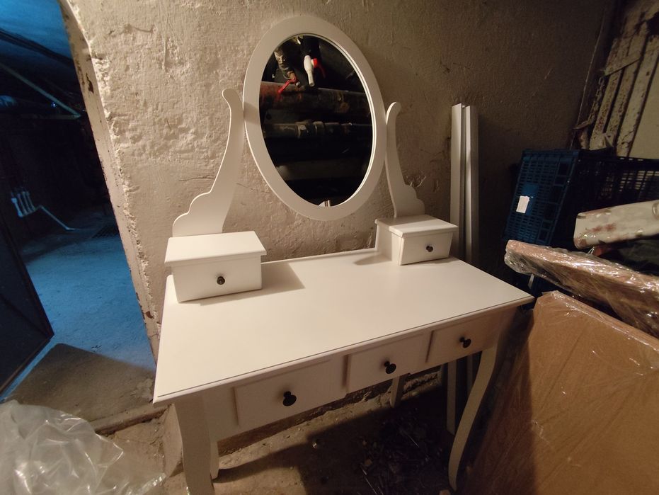 Masă toaletă cu oglindă, albă, stil clasic, 5 sertare