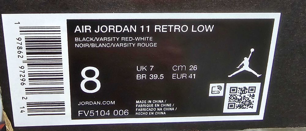 Nike Air Jordan 11 Retro Low, размер 41 - Чисто Нови, Оригинални (Black/Varsity Red-White)