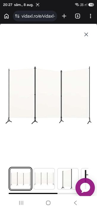 Paravan de cameră cu 3 panouri, alb, 260 x 180 cm, textil