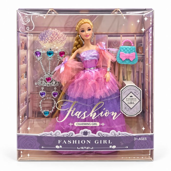 Кукла Fashion Girl с дълга официална рокля, бижута и дамска чанта, 3+