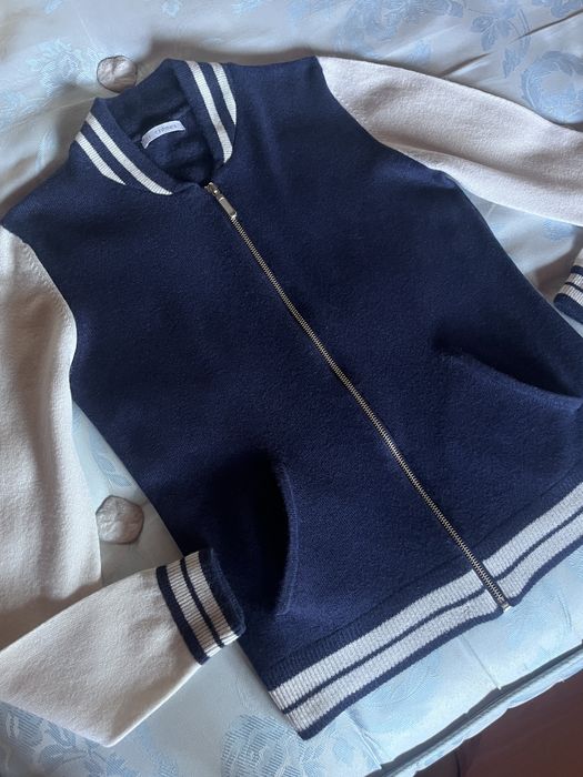 N.S. Cashmere, pulover 100% cașmir, albastru & ivory, cu fermoar