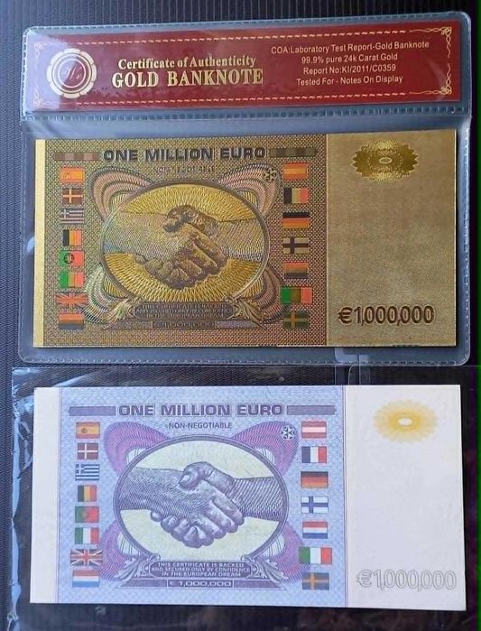 2 бр. сувенирни банкноти - 1 млн. евро / УВ = за 9 € .
