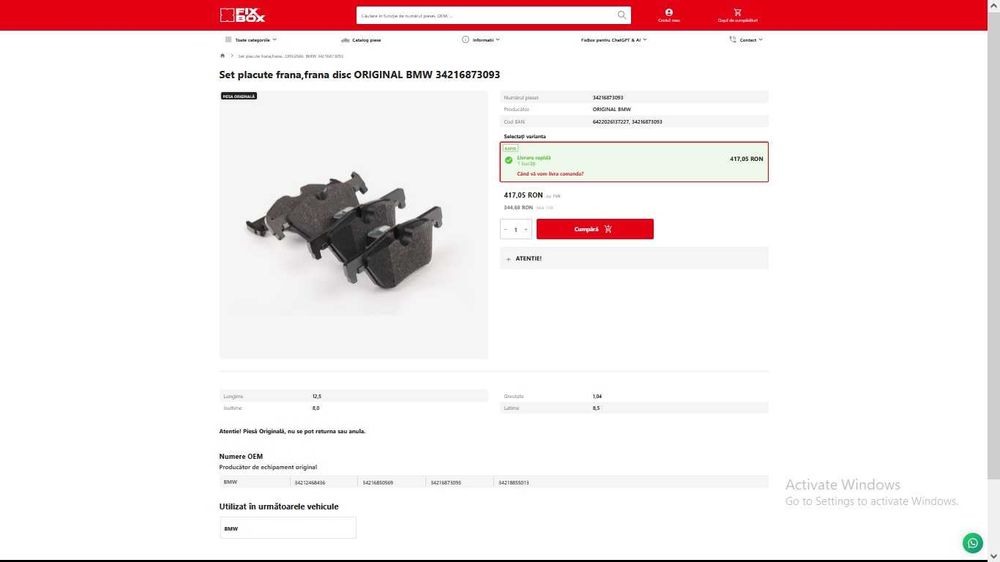 SetPlacute FranaBMW Piesa originala BMW, placute fata si placute spate