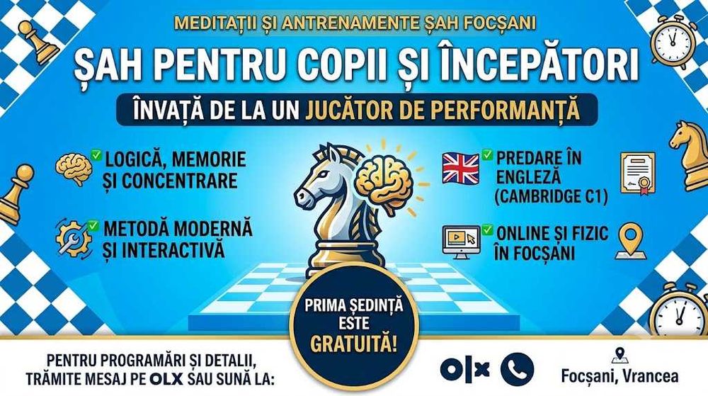 Ofer meditații și lecții de ȘAH pentru copii, începători și jucători de nivel mediu care doresc să își îmbunătățească tactica, strategia și viziunea