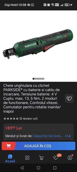 Cheie unghiulara cu clichet PARKSIDE® cu baterie si cablu de incarcare