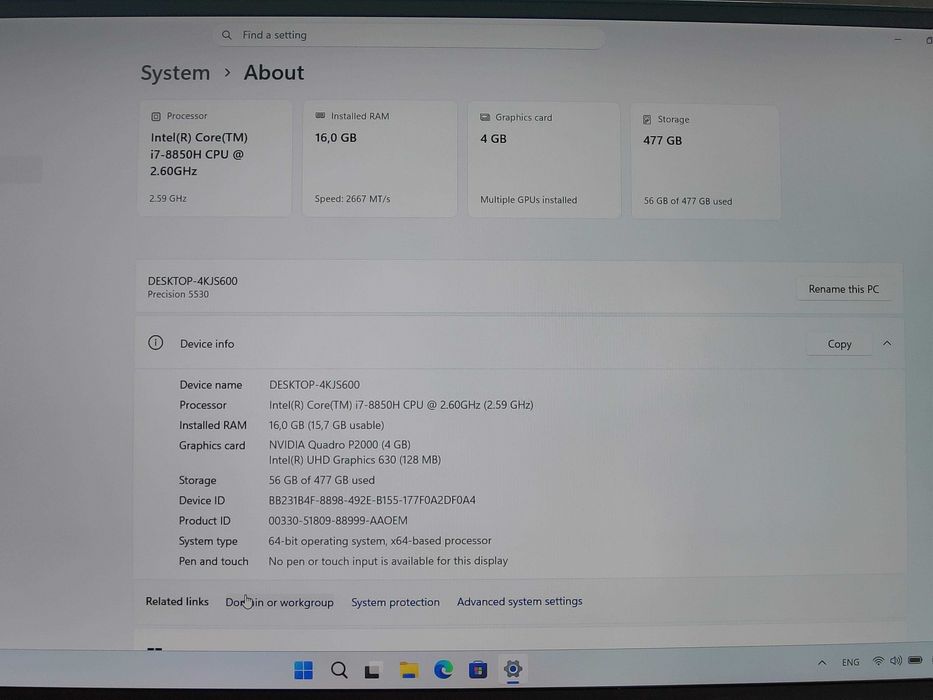 DELL Precision 5530 i7-8850h/RAM 16 GB/SSD 512 GB/GPU P2000