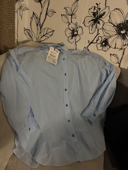 ZARA, синя дамска ленена риза, размер:Xs