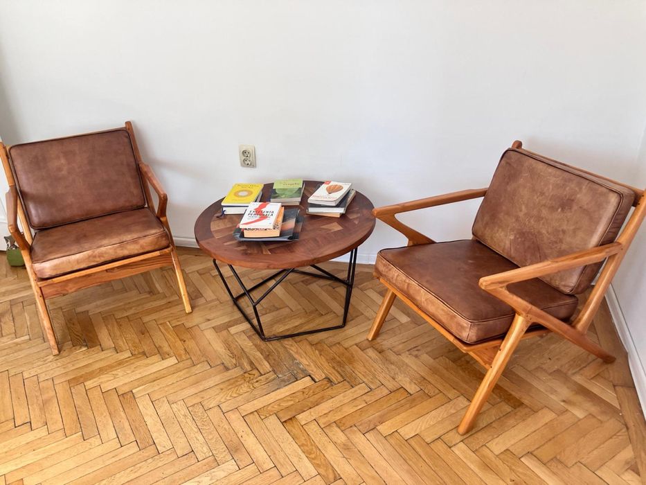 Set  2 fotolii piele naturală + lemn masiv | Mid-Century Modern | Scandinavian