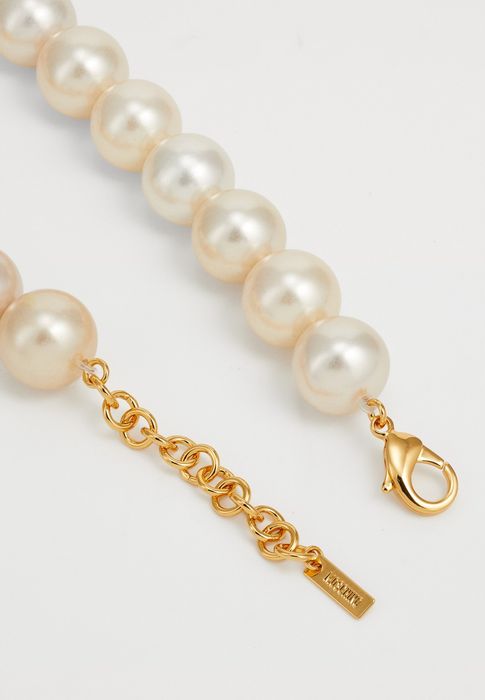 Обемно перлено колие чокер MOSCHINO големи перли бежово златист гердан