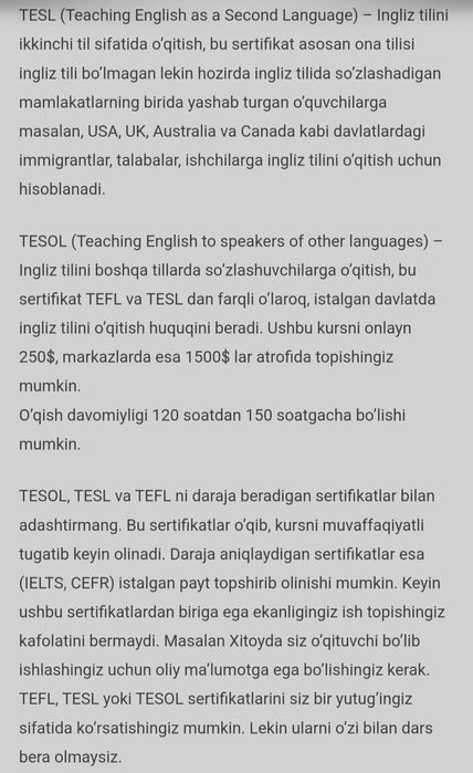 TESOL/TEFL sertifikat olishga yordam beramiz!