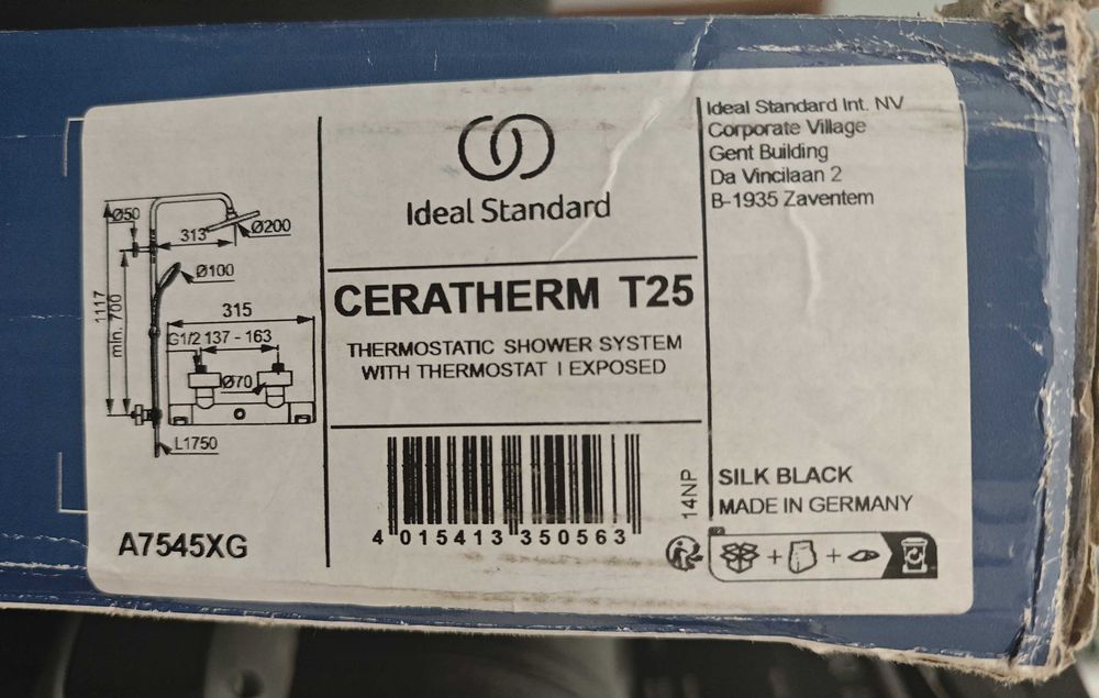 Душ система с термостатен стенен смесител Ceratherm T25 Ideal Standard A7545XG, черен мат