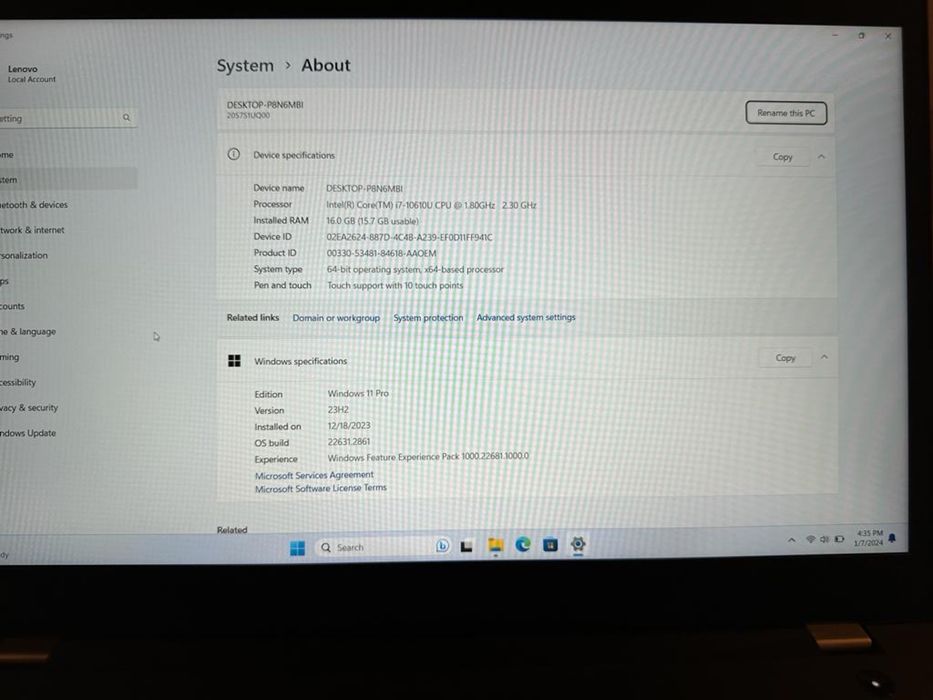 Laptop Lenovo Thinkpad T15 I7 gen 10 touch screen