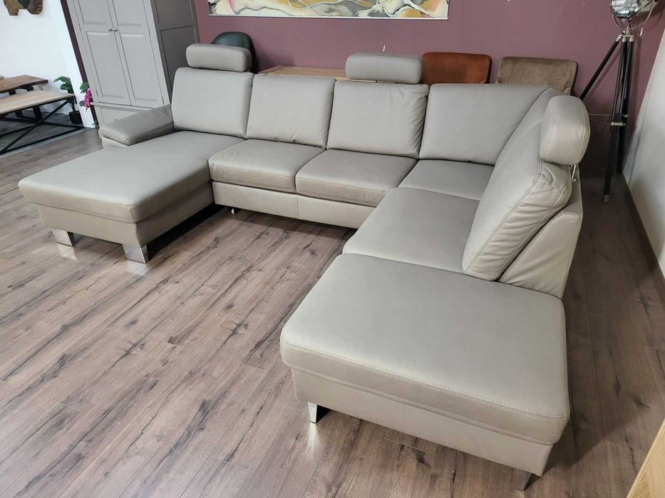 ПРОМОЦИЯ!!!Бежов П-образен ъглов диван от плат Sambia с функция сън