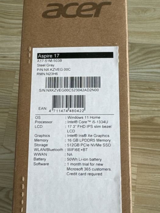 Laptop Aspire 17 • NOU • Sigilat • 512 GB • 16 GB RAM
