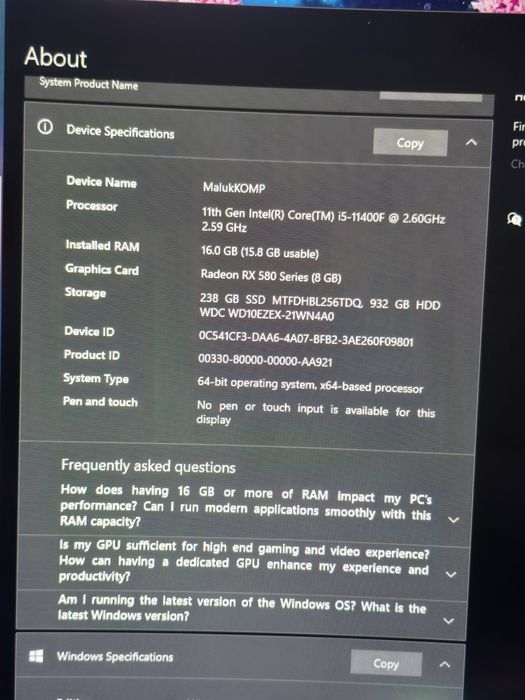 Спешна продажба компютър i5-11400f, 16gb ram, rx 580 8gb