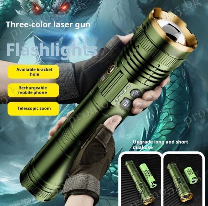 Високомощен Алуминиев Акумулаторен Фенер с Лазерен Лъч в Три Цвята