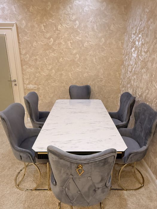 Обеденный стол + 6 стульев | мрамор | велюр | премиум