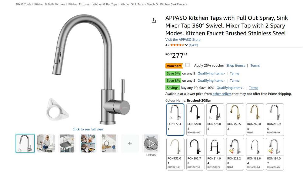 Baterie bucătărie 360° pivotantă cu pulverizator, Inox, Nou