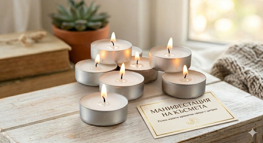 Манифестация на Късмета: Ръчна соева свещ с истински Цитрин ​Описание: ​Поставете началото на нещо ново и позитивно.