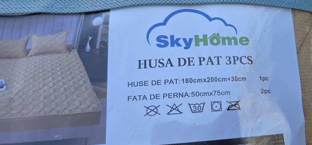Set cuvertura pat SkyHome 3 piese, 180x200 cm, bej/auriu