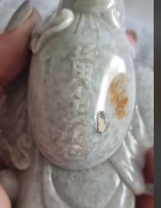 Statuetă Vintage Budai (Buddha cel Vesel) din Jadit Natural Lavandă – 550g, Sculptată Manual cu Inscripție de Prosperitate