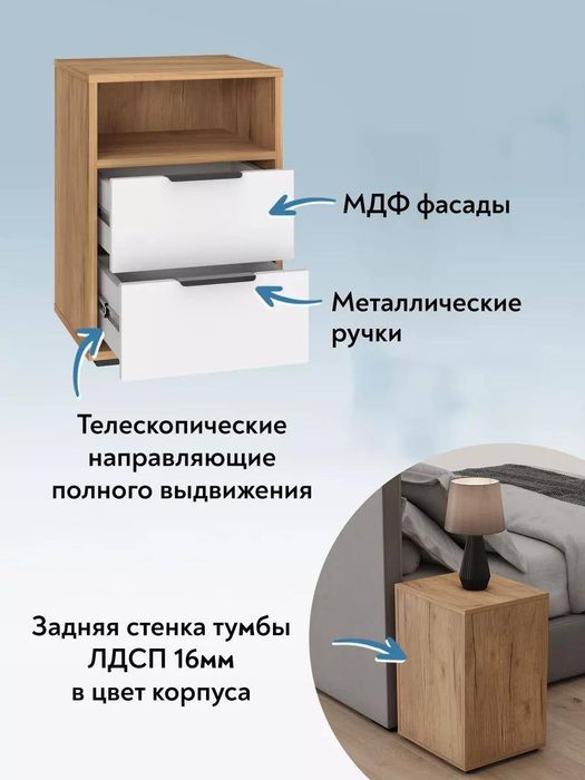 Тумба прикроватная с двумя выдвижными ящиками (40×70×38 см)

• Компакт