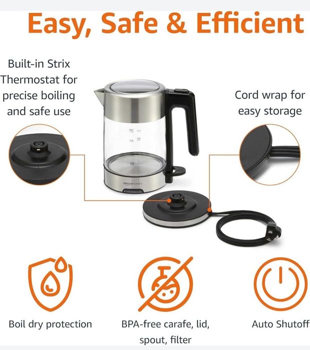 Кана за вода Amazon Basics Glass – 1.7 L, LED осветление