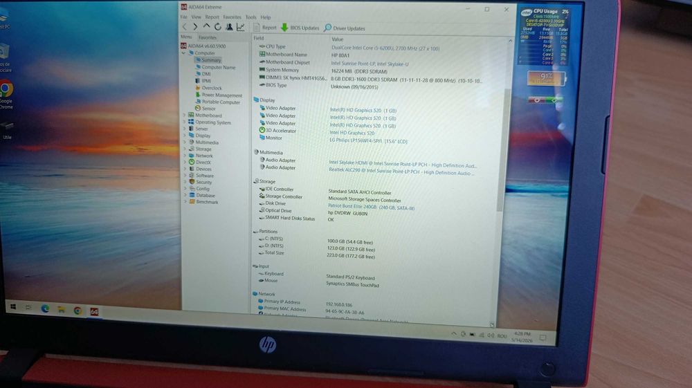 HP 15.6'' FullHD Core I5, 16GB RAM, SSD 240GB, HD520 1GB, baterie noua
