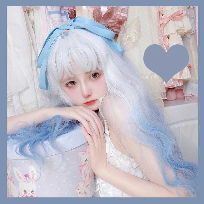 Kawaii Lolita Blue Gradient Чуплива аниме омбре перука бяла / синя