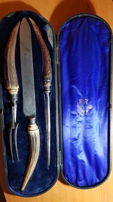 mappin and webb sheffield londra 1881 -3 piese-maner corn de caprioara