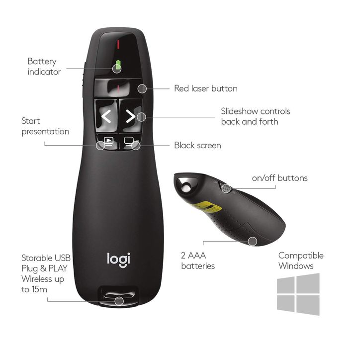 Презентер Logitech Presenter R400 черный с лазером