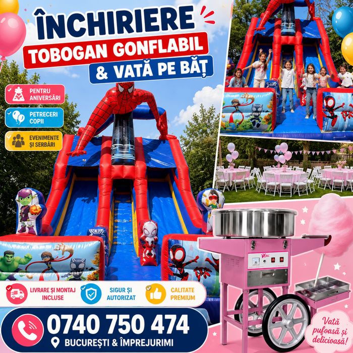 Inchiriez tobogane + vata de zahar + masute si scaune .