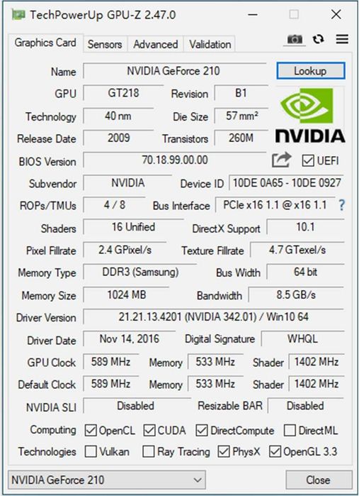Placa video GPU QTHREE GT 210,1024 MB DDR3 64 biți HDMI DVI VGA,desktop frecvență bază 589 MHz PC PCI Express x16 profil redus